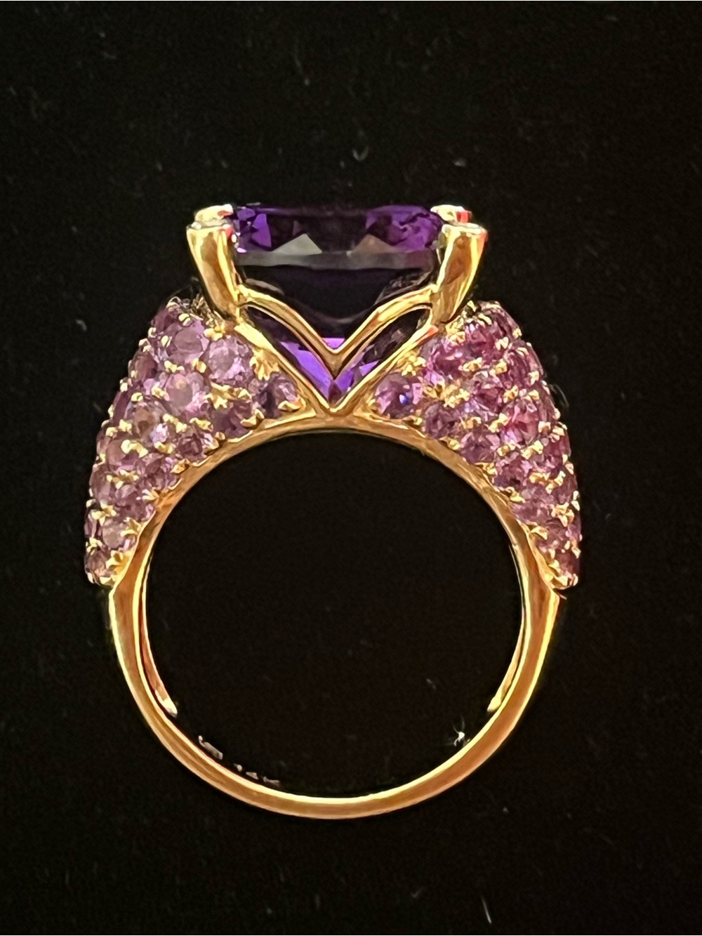 14K Gold Cocktail Ring with Large Oval Purple Amethyst Center and Pavé Amethyst